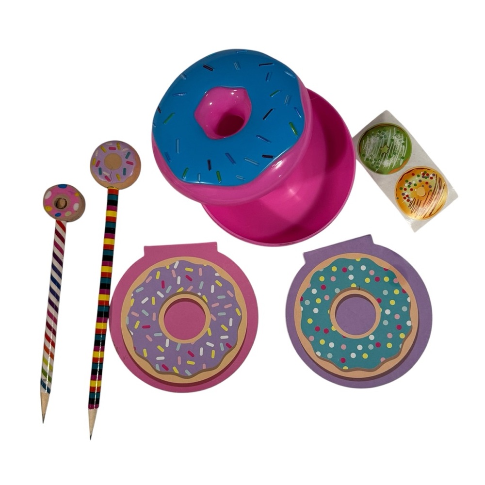 Donut lover bundle with donut shaped case, stickers erasers pencils & notebooks